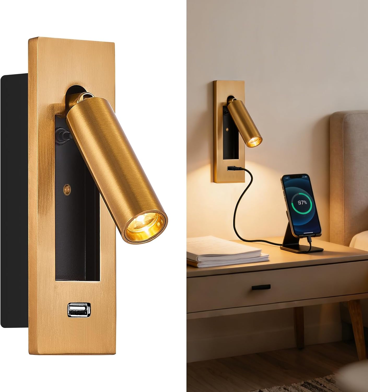 Wall Mounted Reading Light with USB, LED Bedside Reading Light with Switch, Adjustable Recessed Headboard Reading Lights Wall Sconce for Reading, Hardwired Reading Spotlight for Bedroom (Black)