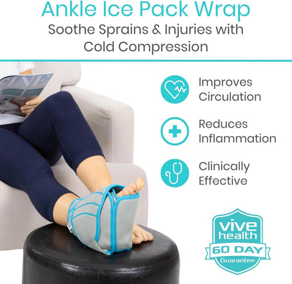Vive Compression Ankle Ice Pack Wrap for Foot Pain Relief - Soft Cold Brace for Recovering Injuries - Support for Swelling, Sprains, & Fractures - Filled with Reusable Gel, Fits Small & Large Feet | For Recovering Injuries - Support for Swelling,