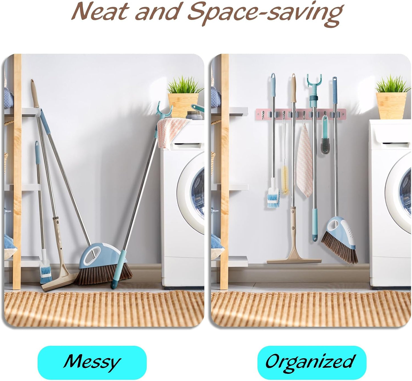 OUTNILI Mop and Broom Holder Wall Mount - Wood Broom Mop Hanger - Wall Mounted Garden Tool Rack Organizer for Closet Garage Laundry Room, Rustic Kitchen Decor With 4 Slots & 4 Hooks