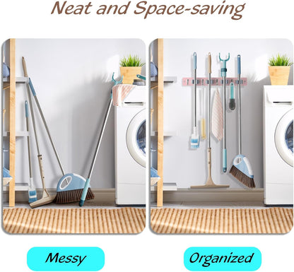 OUTNILI Mop and Broom Holder Wall Mount - Wood Broom Mop Hanger - Wall Mounted Garden Tool Rack Organizer for Closet Garage Laundry Room, Rustic Kitchen Decor With 4 Slots & 4 Hooks