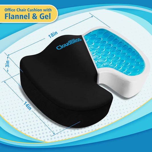 CloudBliss Gel Memory Foam Seat Cushion for Long Sitting, Large, Black | Gel Chair Pad for Tailbone, Coccyx, Sciatica , Soft Suede Cover, Non-Slip , Washable Mesh, for office, home, car