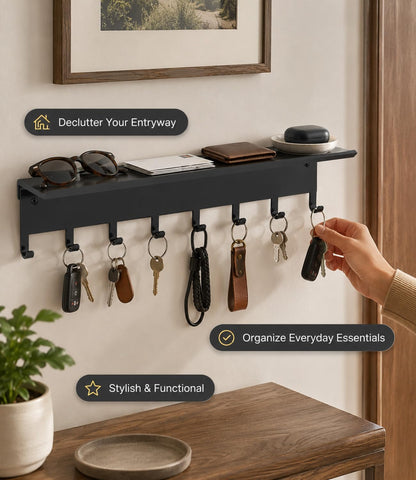 Key Holder Hooks Organizer Shelf Hanger Rack Wall Mounted Sweet Home Metal Decor Stylish and Practical for Entryway Front Door Kitchen Hallway Garage Mudroom Office Hardware Included Black