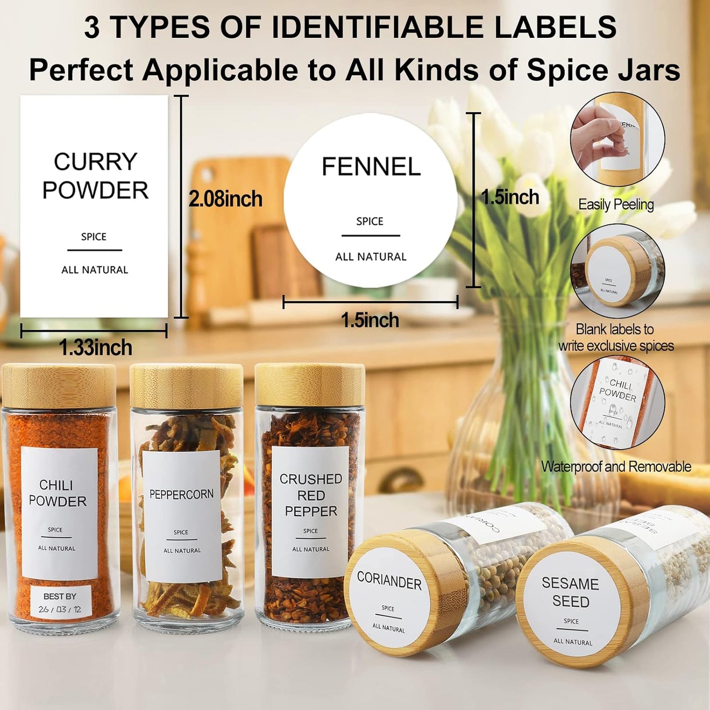 Glass Spice Jars with Bamboo Lid & 398 Label for Cabinet & Drawer Organizer | 24 pcs 4 fl oz Square Spice Bottles With Shaker Lids,Airtight Spice Containers Keep Fresh,Seasoning Containers Organization