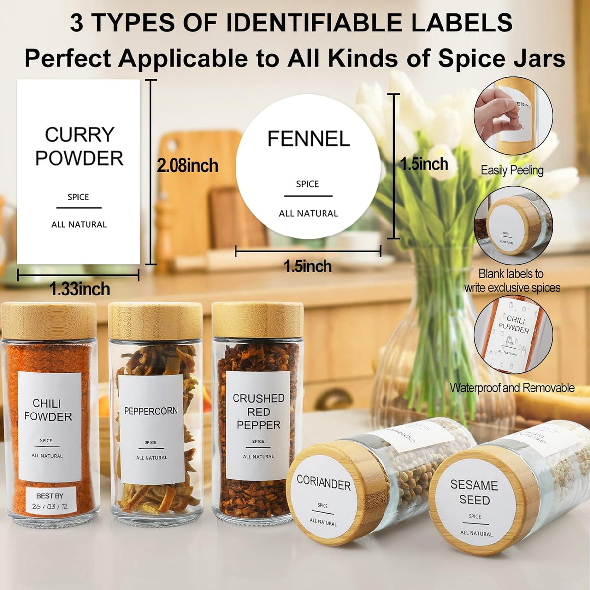 AISIPRIN Glass Spice Jars with 398 Labels, 24 pcs 4oz Spice Containers with Bamboo Lids, Square Spice Bottles With Shaker Lids,Spice Organization for Cabinet,Drawer,Rack,Seasoning Organizer