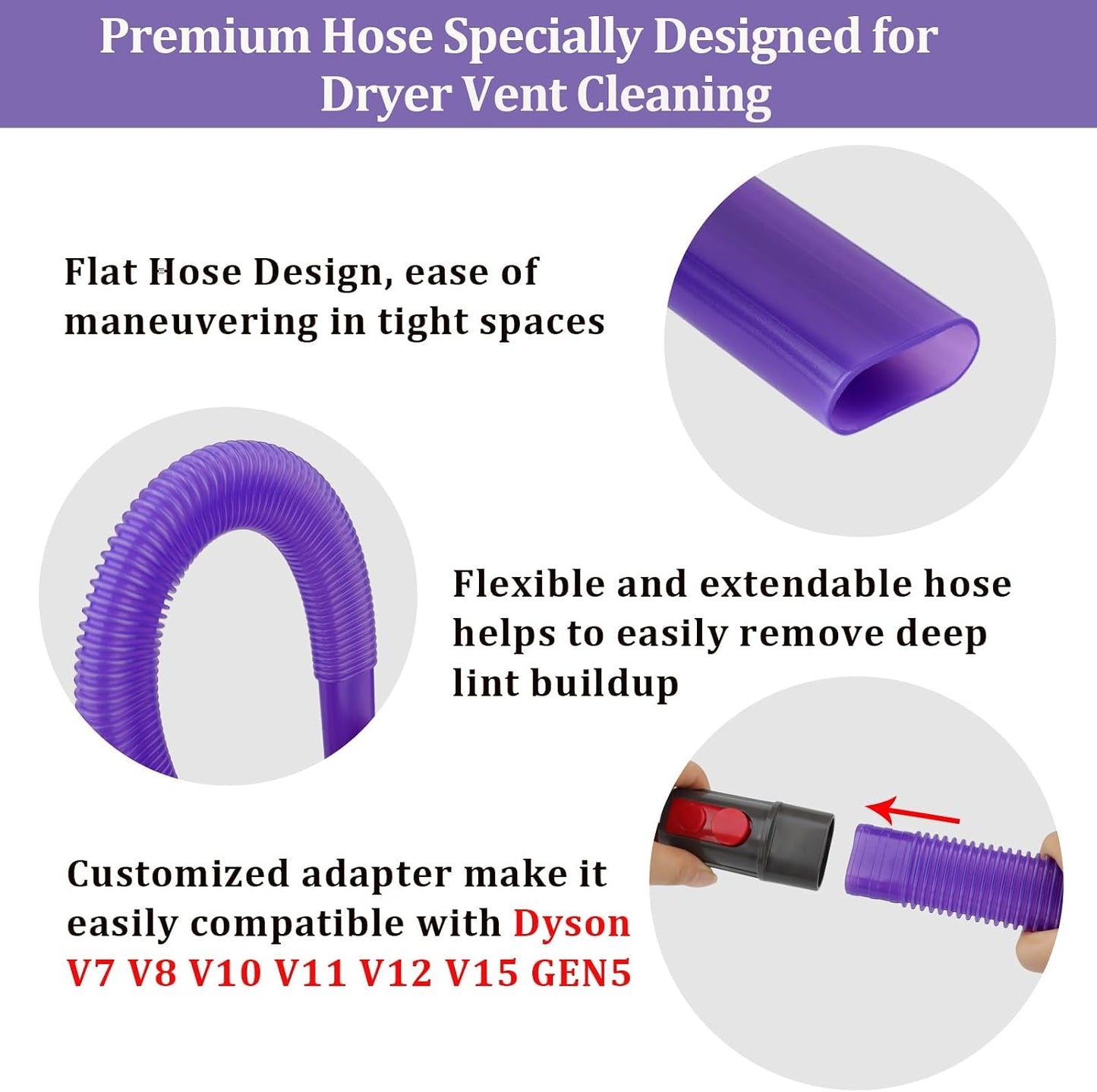 Dryer Vent Lint Vacuum Atttachments and Crevice Tool for Dyson | Gen 5 V15 V15s V12 V11 V10 V9 V8 V7 Detect Outsize Slim Absolute Cyclone Vacuum Dryer Lint Flexible Remove Tool Cleaner Kit
