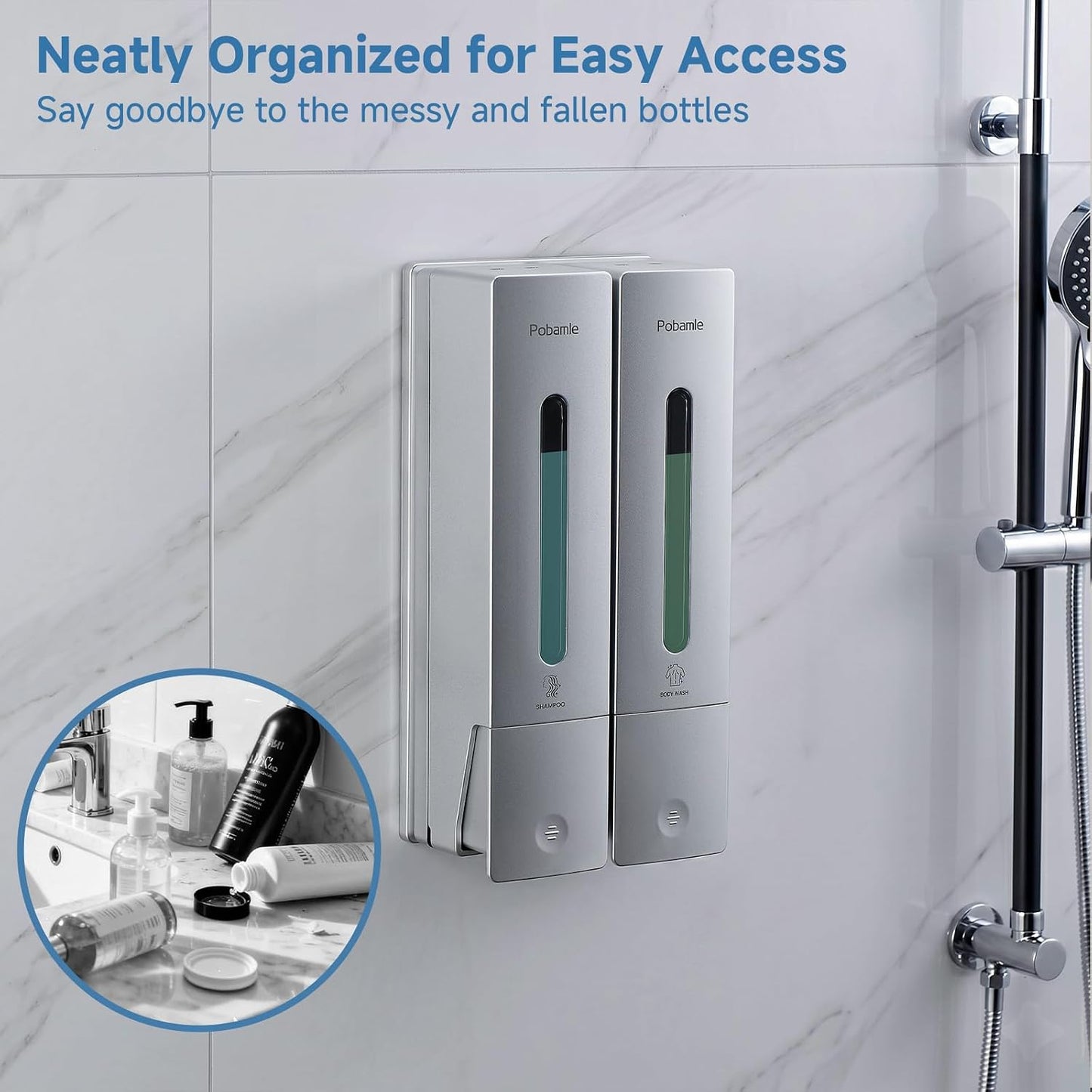 Shampoo Dispenser for Shower - Shower Soap Dispenser Wall Mounted No Drill - Shampoo Body Wash Dispenser 2 Chamber - Easy Install for Bathroom Hotel Silver 800ml