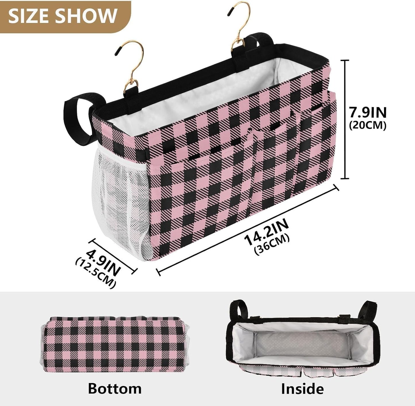 Black Bedside Caddy Storage Bag Bedside Organizer for Bed Rails College Dorm Room Organizer Caddy Hanging Shelf 6 Pockets with Hooks for Drinks Magazine Phone Holder