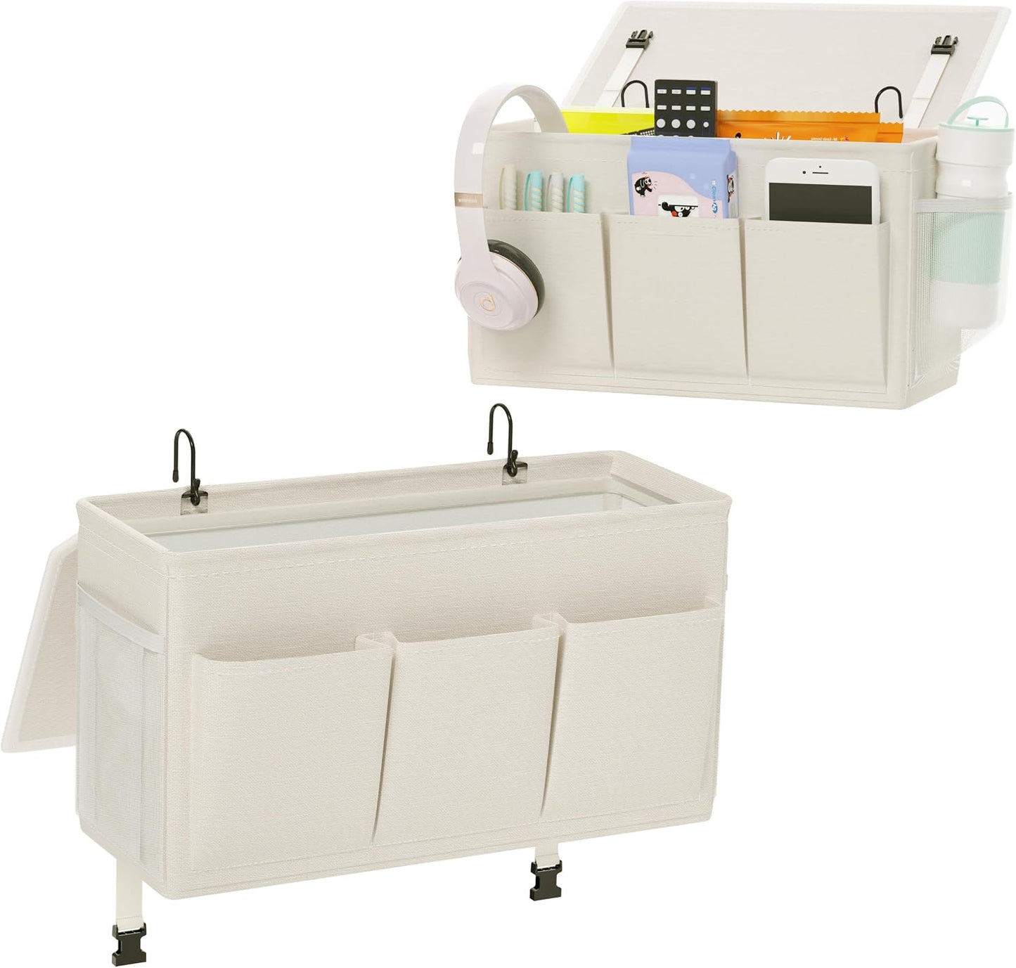 Bedside Caddy Bedside Storage Hanging Organizer for Bunk Dorm Bed Rail | Bed Caddy with Hooks, Top Bunks and Dorm Essentials for Water, Tissues, Tablets, Books, Phones, Remotes and Other Necessories