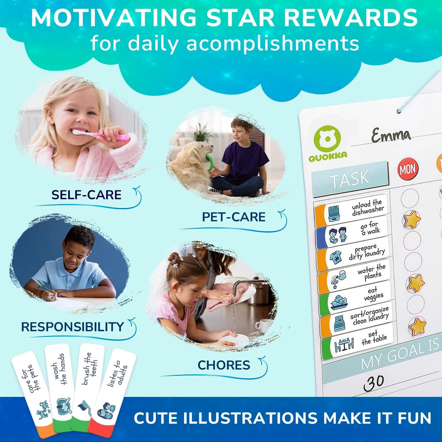 Magnetic Chore Chart for Kids - Reward Behavior Chart for Kids at Home | Dry Erase Morning Routine Schedule Board - Responsibility Star Chart for Toddlers 3-5 - 48 Magnets and 49 Stars