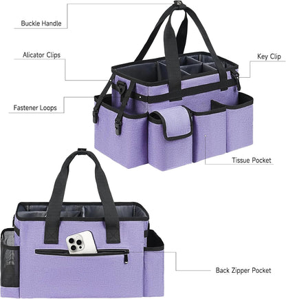 Cleaning Caddy Bag,Large Cleaning Supplies Organizer with Handle for Housekeepers,Purple