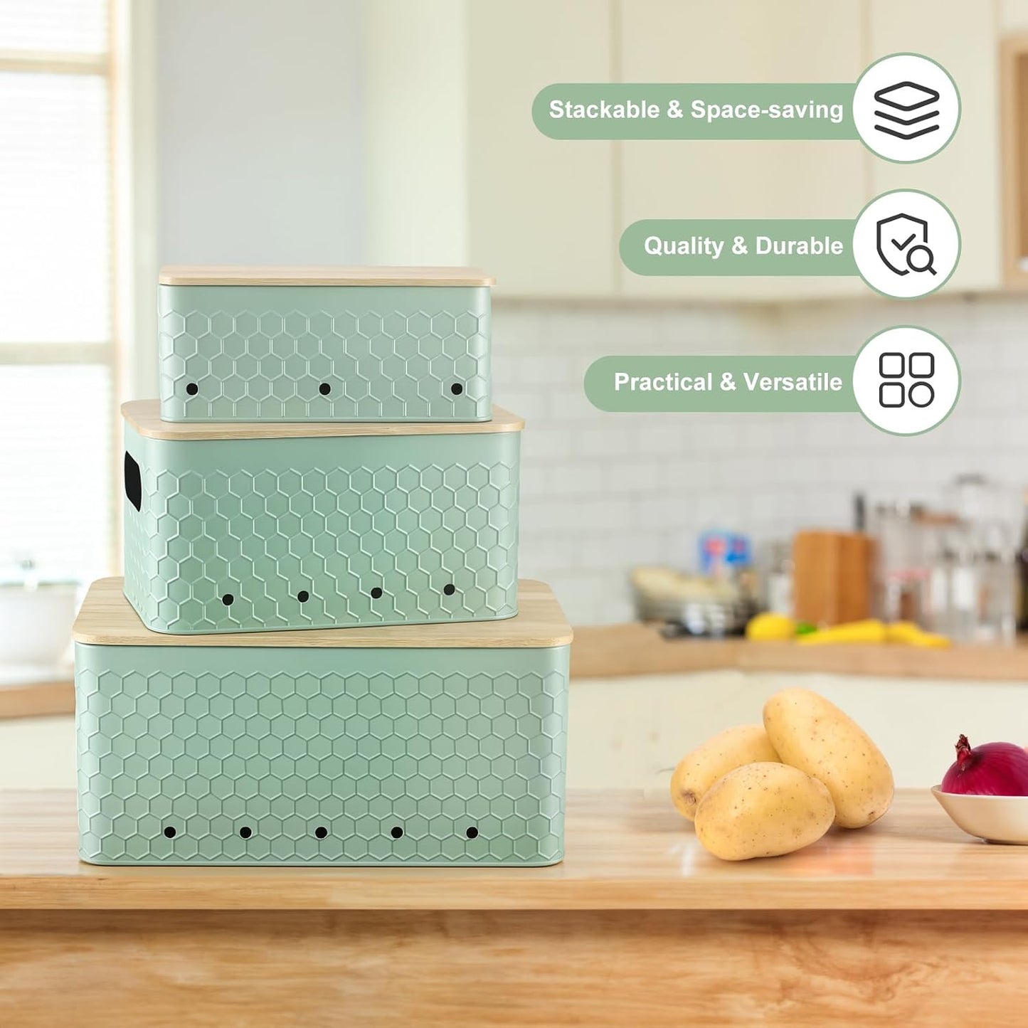 Kitchen Vegetable Storage Set of 3, Metal Onion Garlic Potato Storage Set, Kitchen Canisters Vegetable Keeper Containers with Aerating Holes and Bamboo Lid,Black