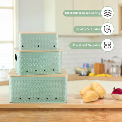 Kitchen Vegetable Storage Set of 3, Metal Onion Garlic Potato Storage Set, Kitchen Canisters Vegetable Keeper Containers with Aerating Holes and Bamboo Lid,Black