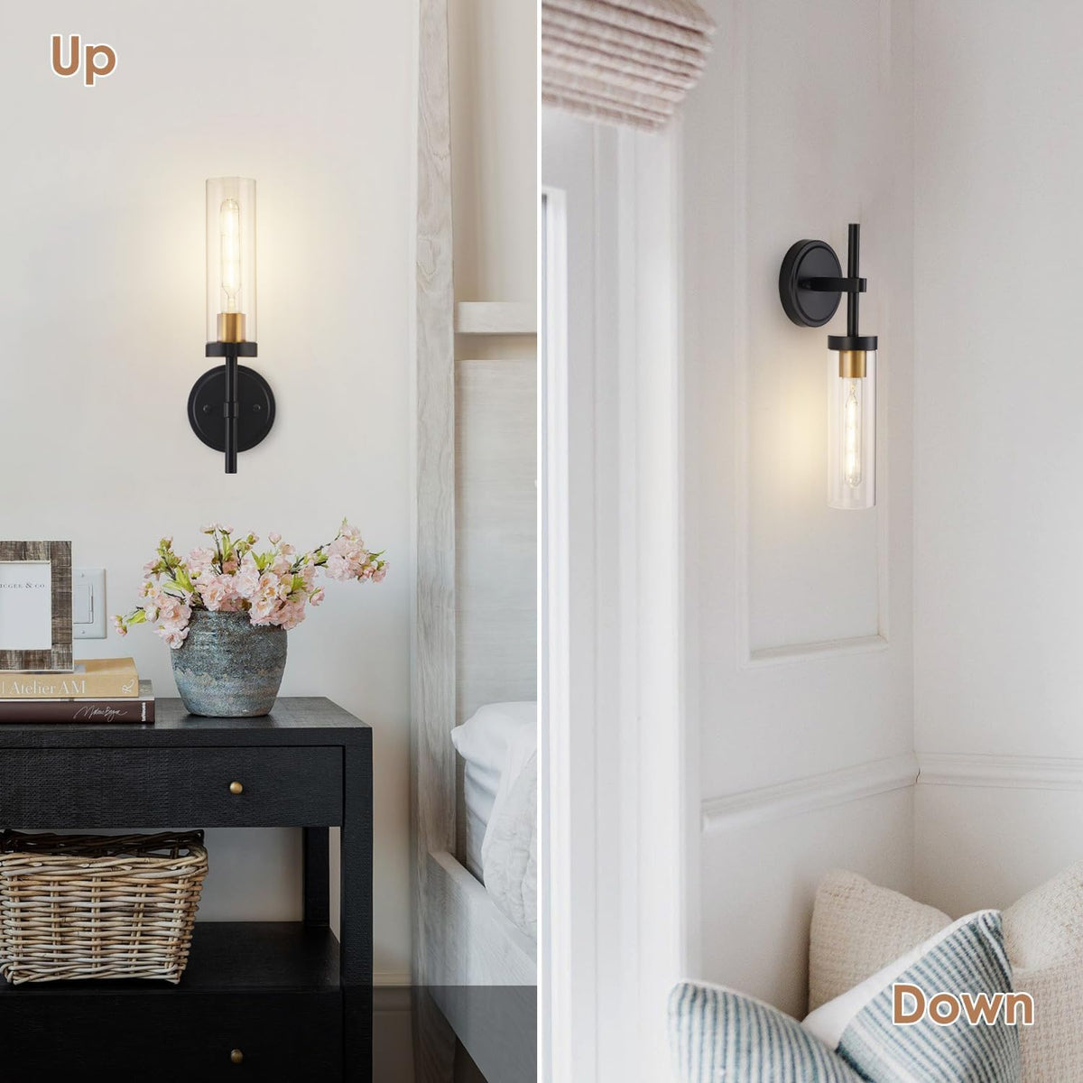 Wireless Wall Sconces with Remote Control, Battery Operated Wall Sconce Set of 2, Black & Gold Rechargeable Dimmable Wall Light for Bedroom Living room Bathroom Hallway Entryway Stairwell, 3000K