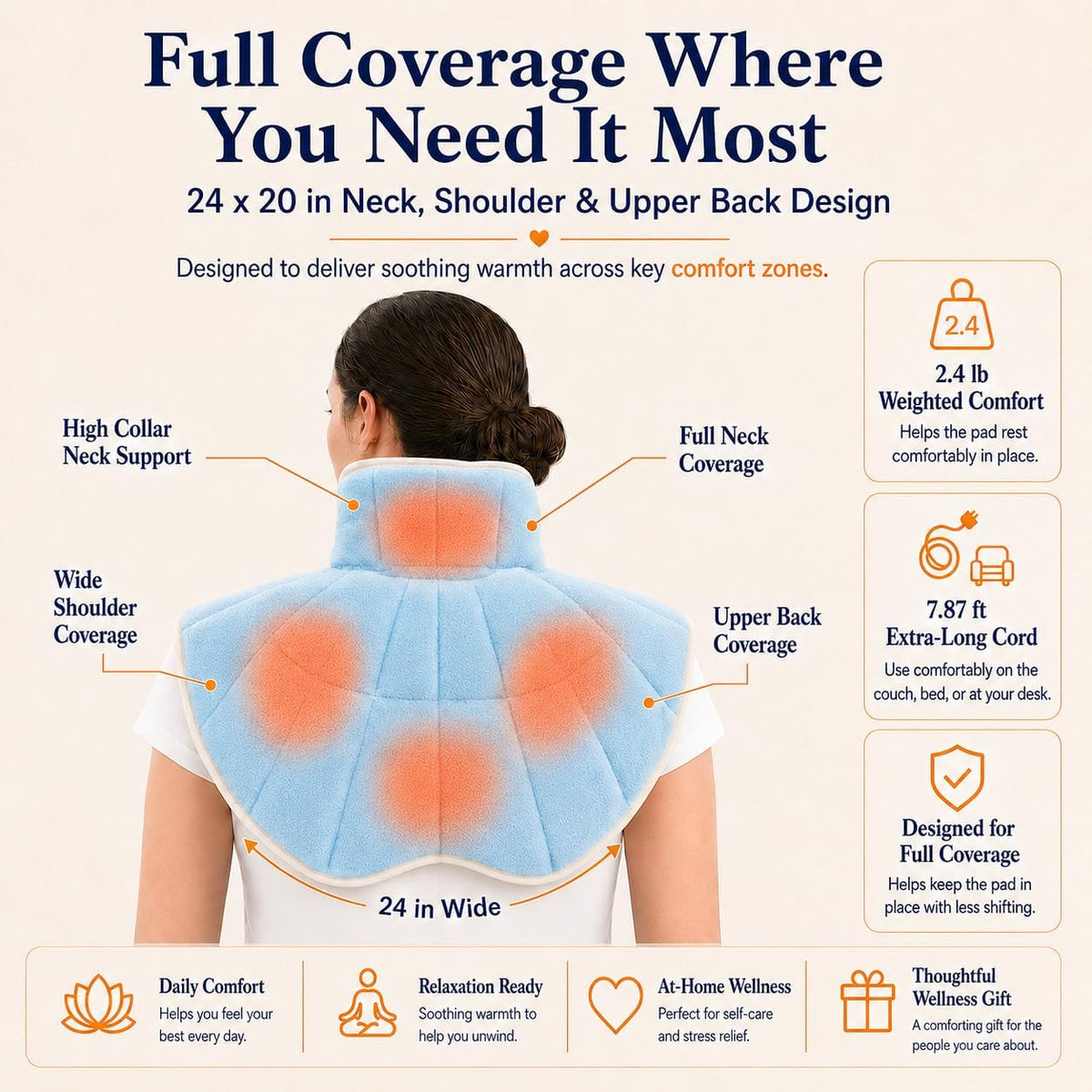 Weighted Heating Pad for Neck and Shoulders and Back, 2.4 lb Neck and Shoulder Heating Pad Wrap, Heated Neck Wrap for Upper Back, Tourmaline-Infused Fill, Auto Shut Off, Machine Washable Gift Set