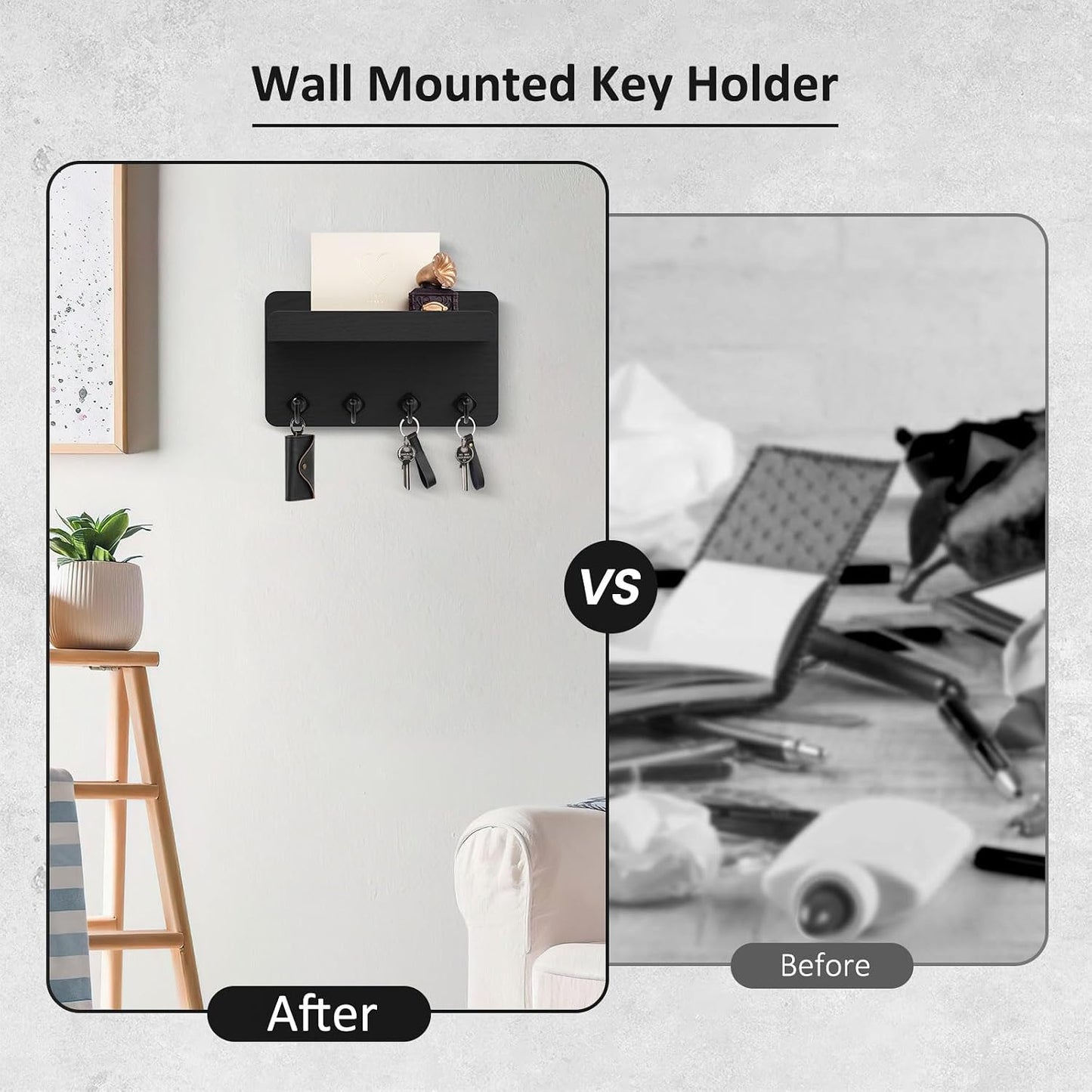 Nekon Key Holder Wall Mount, 8.5 Inch Small Wooden Wall Organizer, Black | Rustic Wall Shelf, Farmhouse Key and Mail Holder for Living Room Entryway Kitchen