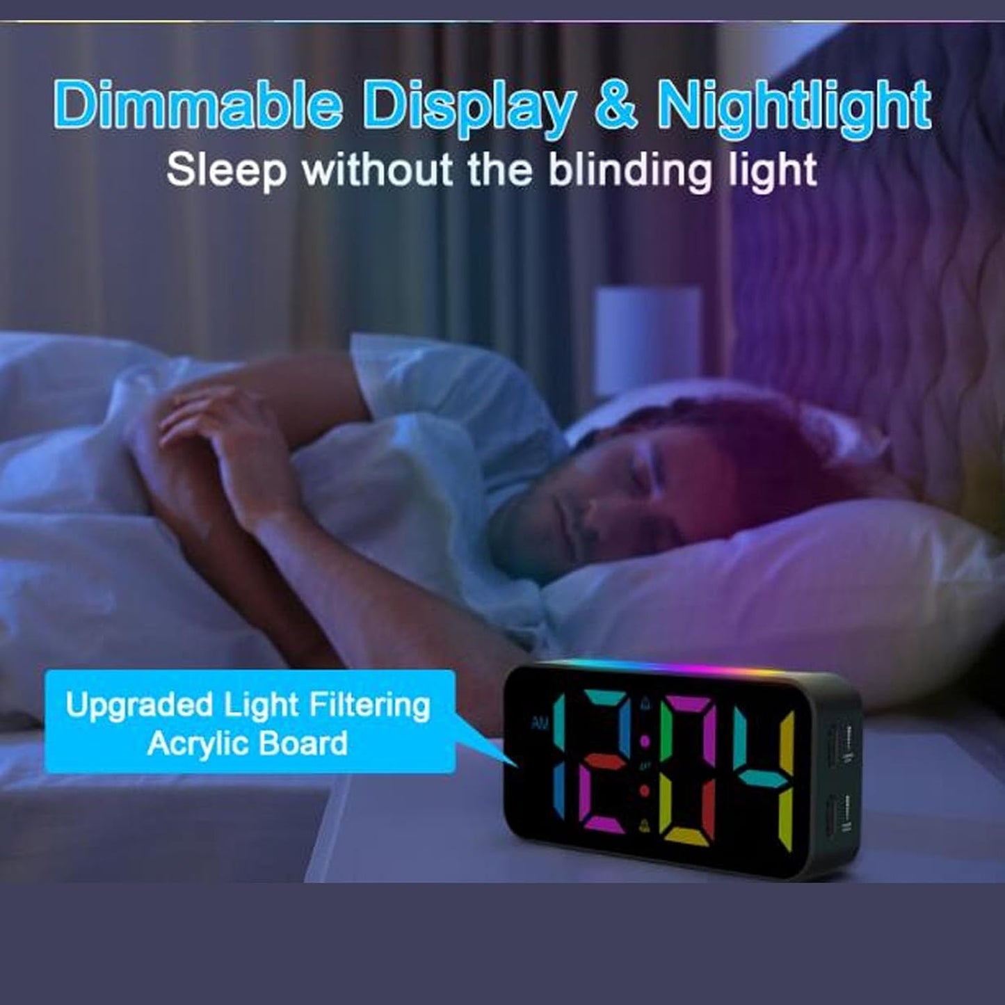 ciciglow RGB Loud Alarm Clock with Bed Shaker for Heavy Sleeper, 3 Modes Vibrating Alarm Clock, 7.4 Inch LED Display, 12/24H, Snooze, Brightness Adjustable