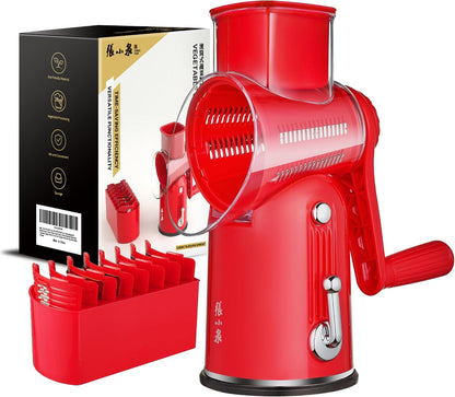 Rotary Cheese Grater Manual Hand Crank with 5 Blades & Suction Base, Kitchen Vegetable Shredder Slicer for Veggie, Nuts, Fruit, Cream