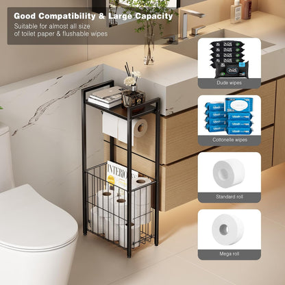 Voldra Toilet Paper Holder with Shelf, Flushable Wipes Dispenser for Bathroom, Adhesive Toilet Paper Roll Holder with Storage Wall Mount Stick On Bathroom Tissue Holder Front Flip Design (Matte Black)