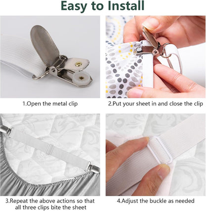 12Pcs Bed Sheet Straps, Adjustable Elastic Mattress Sheet Fasteners Suspenders Holder, Fitted Sheet Straps Clips, Grippers to Hold Sheet, Mattress, Sofa, Table Cloth