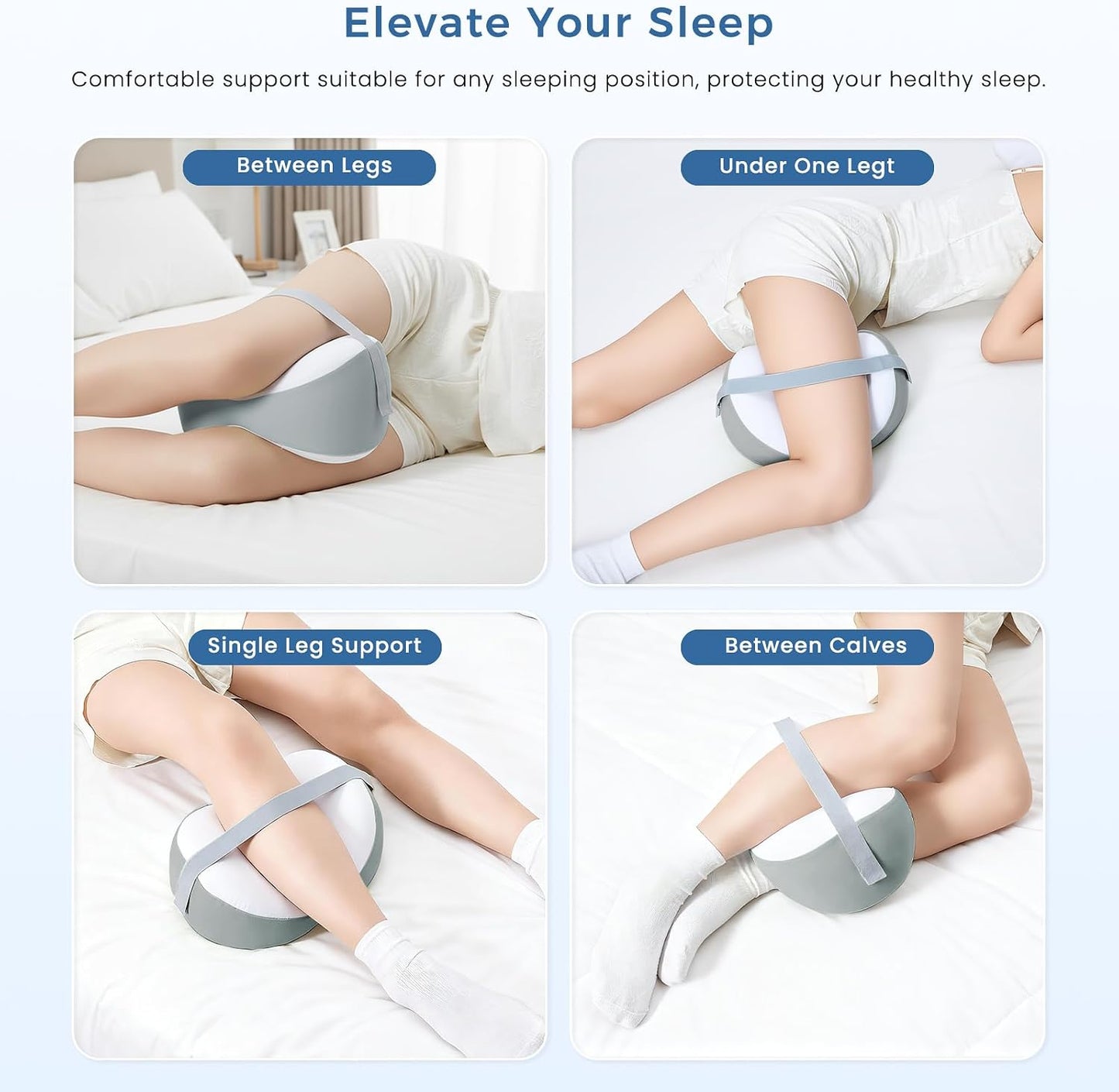 Knee Pillow for Side Sleepers, Leg Pillow with Adjustable Hook & Loop Strap & Removable Washable Cover for Spine Alignment, Sciatica, Hip & Back Pain Relief