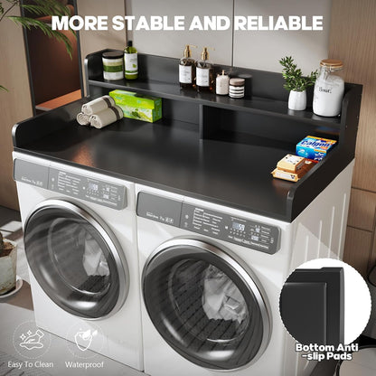2-Tier Washer and Dryer Countertop with 2.75" H Guard,54" W x 27.5" D Laundry Countertop Cover with Non-Slip Pad,Large Space Laundry Topper for Folding Clothes Over Washer and Dryer-White