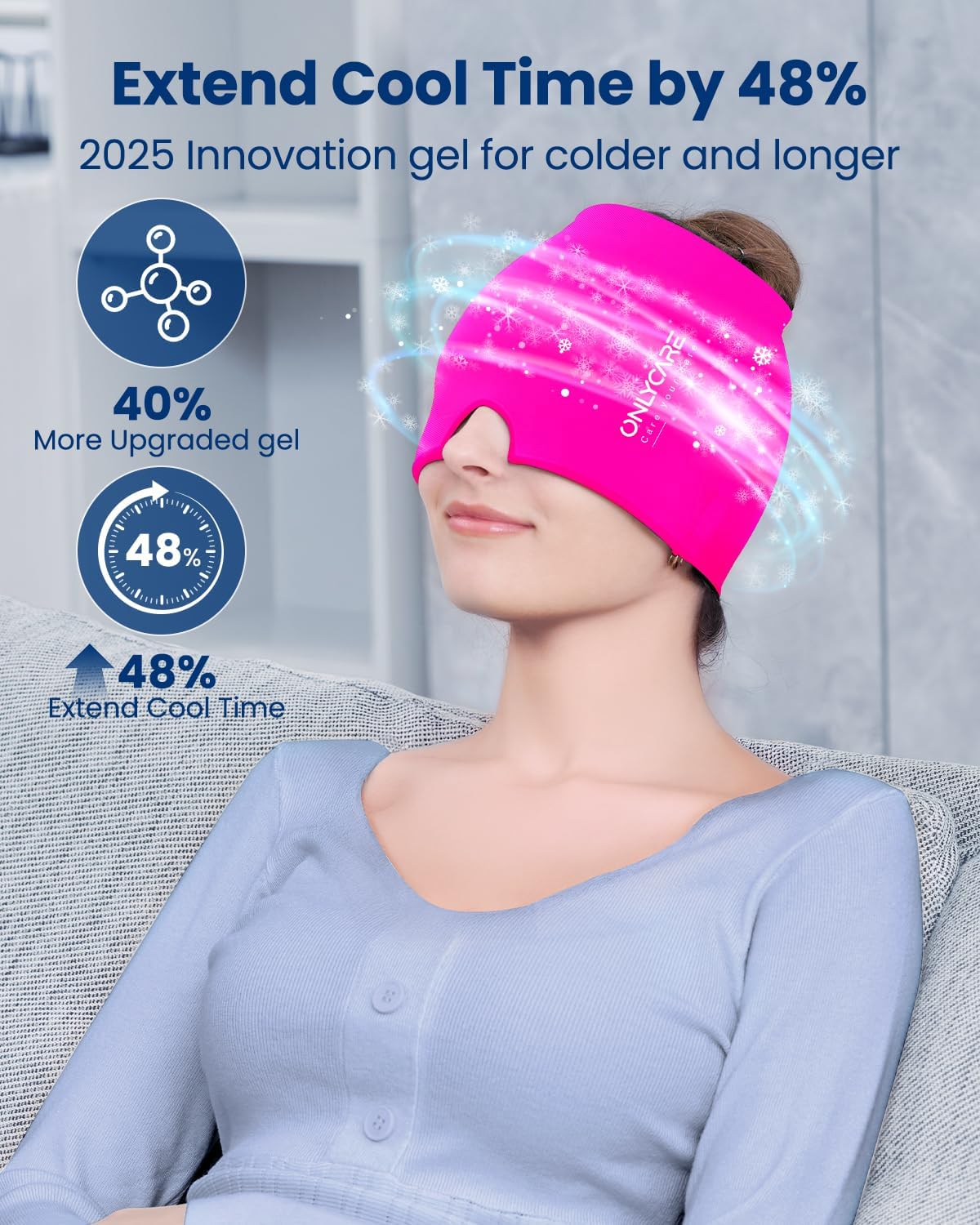 ONLYCARE Migraine Relief Cap, Headache Relief Cold Cap with Odorless Gel | Cooling Hat Head Wrap Soothing Face Ice Pack Mask Products for Tension Stress Hangover & Puffy Eyes, Relaxing Gifts for Women