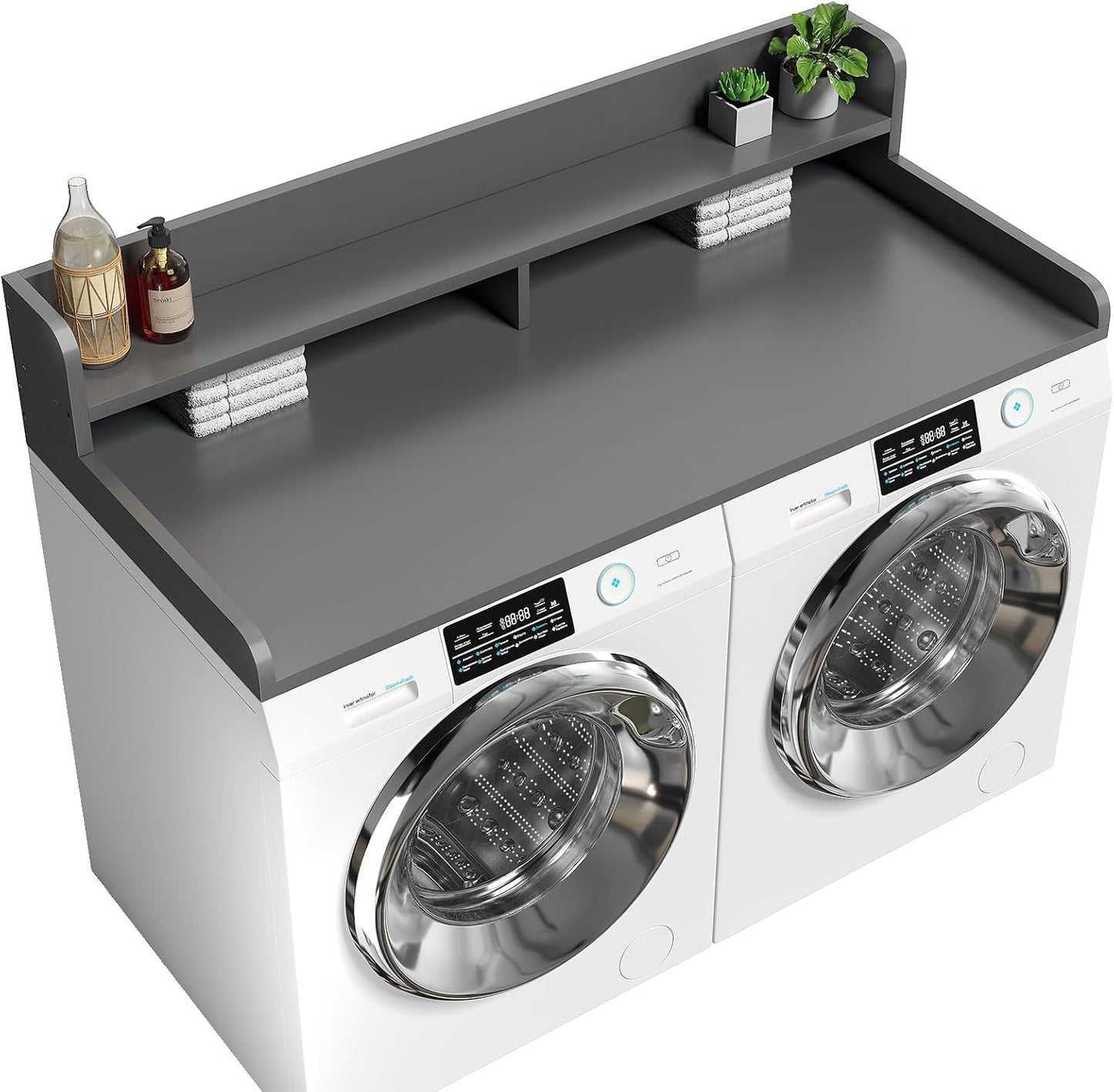 2-Tier Washer Dryer Countertop with 2.75" H Edge Rails, 54" W x 27.55" D Laundry Countertop for Folding Clothes, Washer and Dryer Topper with Non-Slip Pad (Dark Walnut)