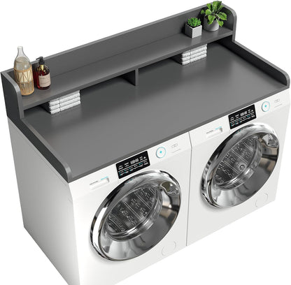 2-Tier Washer Dryer Countertop with 2.75" H Edge Rails, 54" W x 27.55" D Laundry Countertop for Folding Clothes, Washer and Dryer Topper with Non-Slip Pad (Dark Walnut)