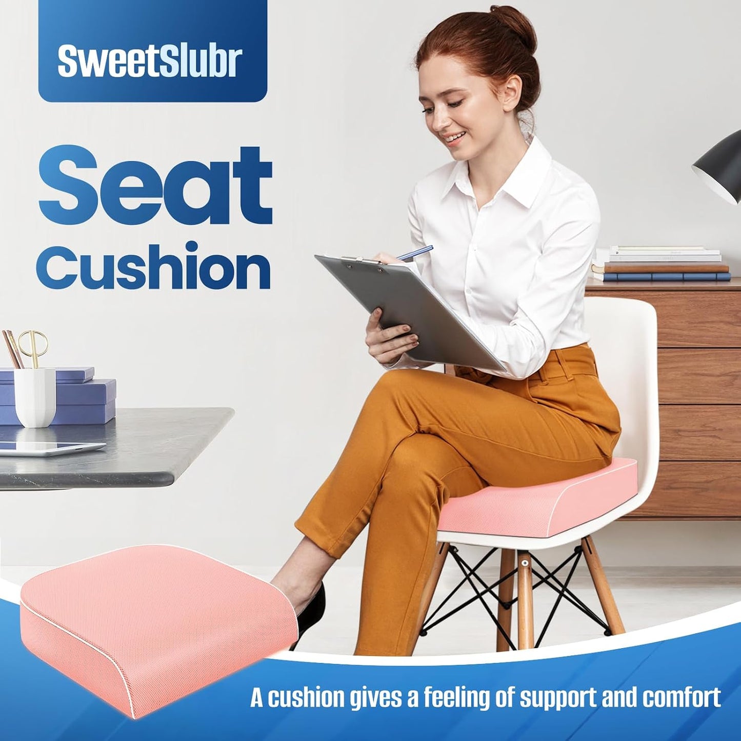 SweetSlubr Seat Cushion, Chair Pad, Memory Foam Large Cushion | Office Chair Cushion for Tailbone Pain Relief, Non-Slip Cover, Soft Support for Office Chair, Car Seat, Airplane,Large/Black