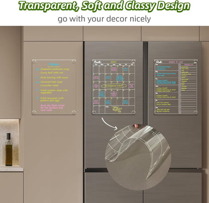 JJPRO Non-Magnetic Dry Erase Calendar for Fridge, Monthly Calendar, Weekly Planning Board Bundle for All Smooth Surfaces. Clear Reusable Calendar Stick to Fridge,Cabinet,Door&Glass