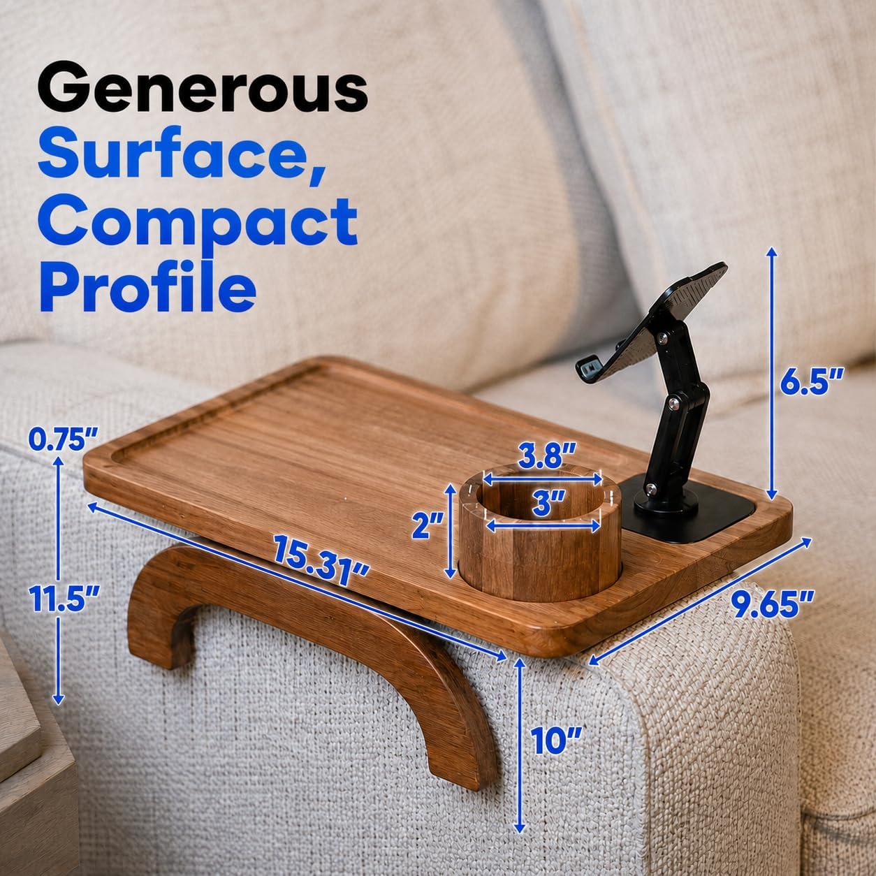 Couch Armrest Table with Cup Holder (15.31" x 9.65") - Acacia Sofa Arm Tray Organizer with Magnetic & 360° Rotating Phone Holder - Fits Couch Arm for Drinks, Snacks & Remote Control