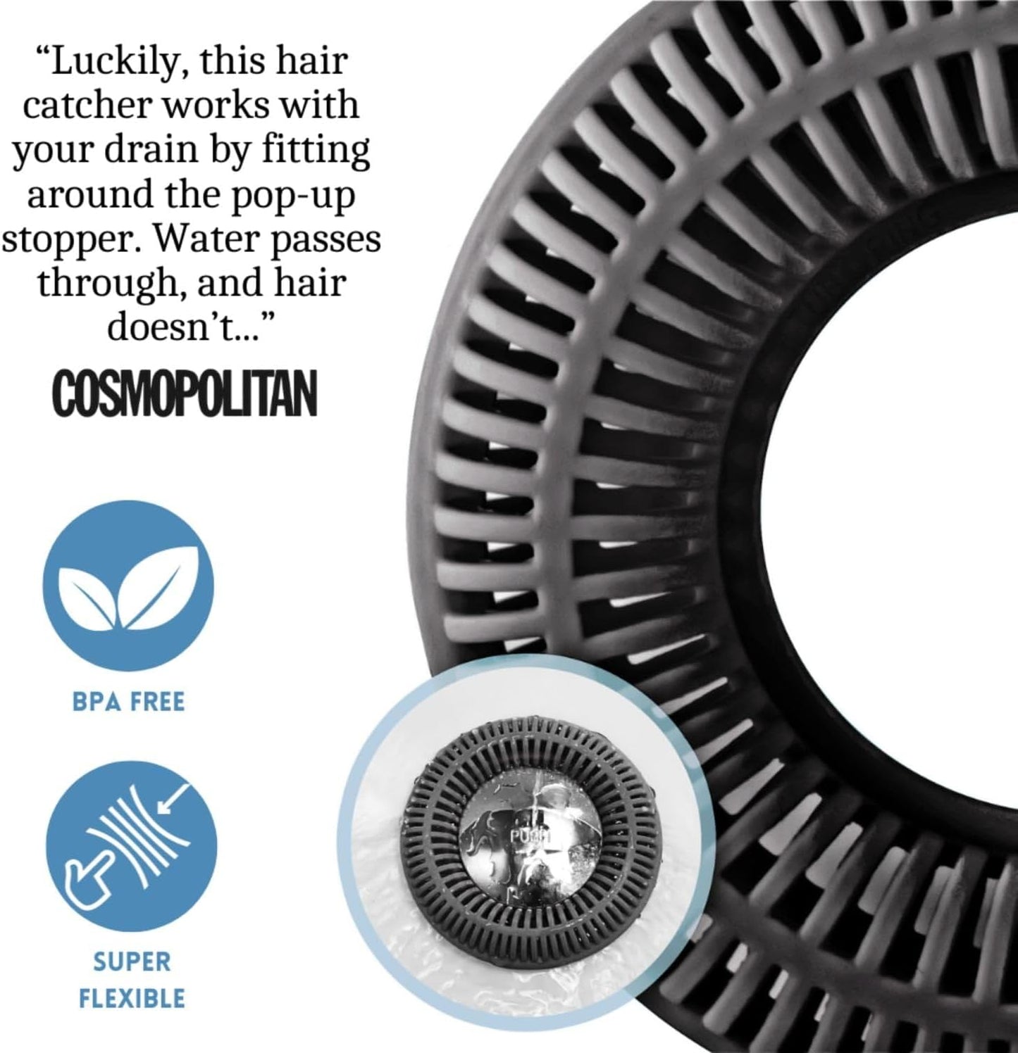 TubRing Pop-Up Drain Protector & Strainer Silicone Hair Catcher, Aqua | Easy snap-in design fits around bathtub stoppers. Customizable utility guard for clog prevention. Fits 1.85"- 2.16" drains.