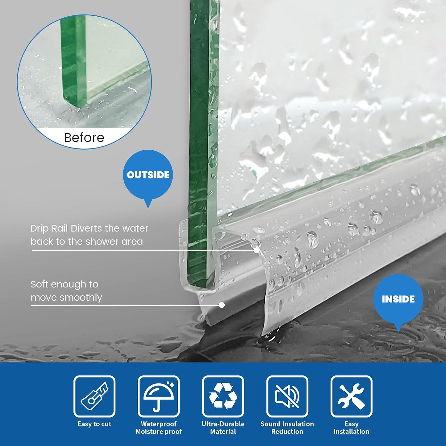Bathroom Shower Glass Door Bottom Seal Strip, 2PCS 36 Inch Long Clear PVC Seal Strips for 5/16"(8mm) - 3/8"(10mm) Thick Framless Glass Door Panel