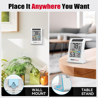 Room Thermometer Indoor Humidity Meter Solar Powered with Max/Min Memory & Comfort Indicator - 3.2" Large Display for Home, White