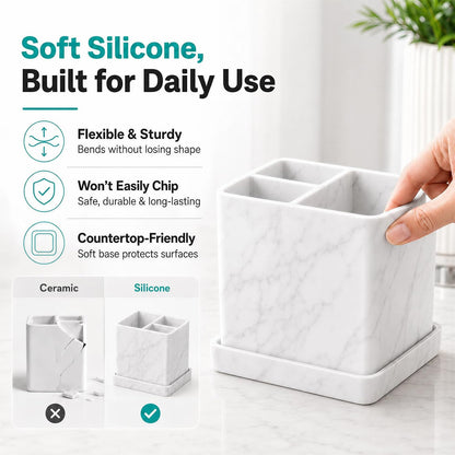 Silicone Toothbrush Holders for Bathrooms with Drainage Tray, White Marble | 3 Slots Unbreakable Countertop Electric Tooth Brush and Toothpaste Holder Organizer Stand, Marble Bathroom Accessories Decor