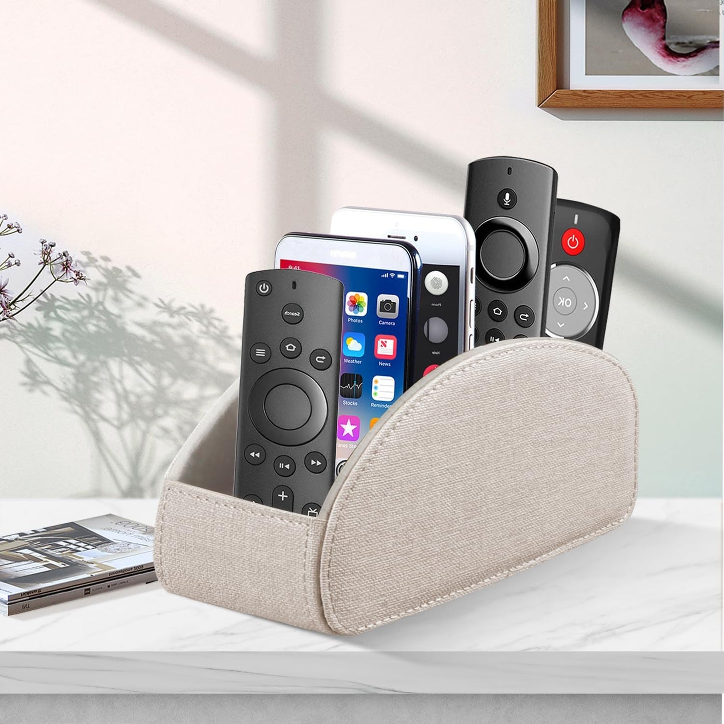 Pu Leather TV Remote Control Holder with 5 Compartments,Remote Caddy/Tray | Bedside Table Desk Storage Box/Organizer for Pen,DVD,Blu-Ray,Media Player,Heater Controller,Cosmetics,Glasses,Office Supplies