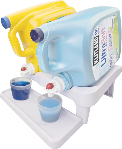 Skywin Laundry Detergent Holder Shelf for Laundry Room - 1 Pack - White | Holds 2 Bottles, Easy Pouring, Rubber Feet, Angled Stand, Fabric Softener Dispenser for Laundry Room Organization & Storage