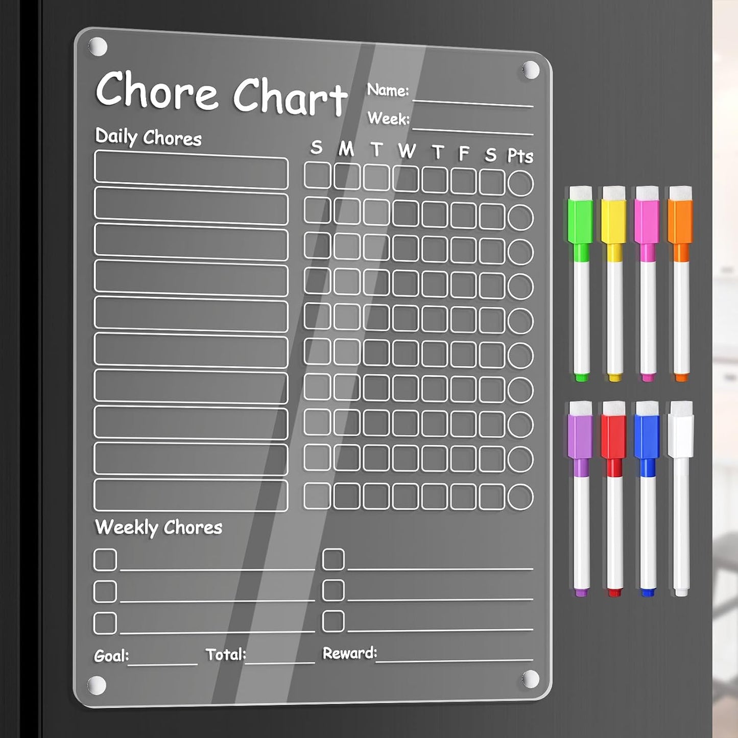 Acrylic Meal Planner Weekly Calendar Menu Board for Kitchen, w/ 8 Markers | Clear Weekly Fridge Calendar Planning Note Board Dry Erase to Do/Grocery/Shopping List/Chore Chart, 12.8x9’’