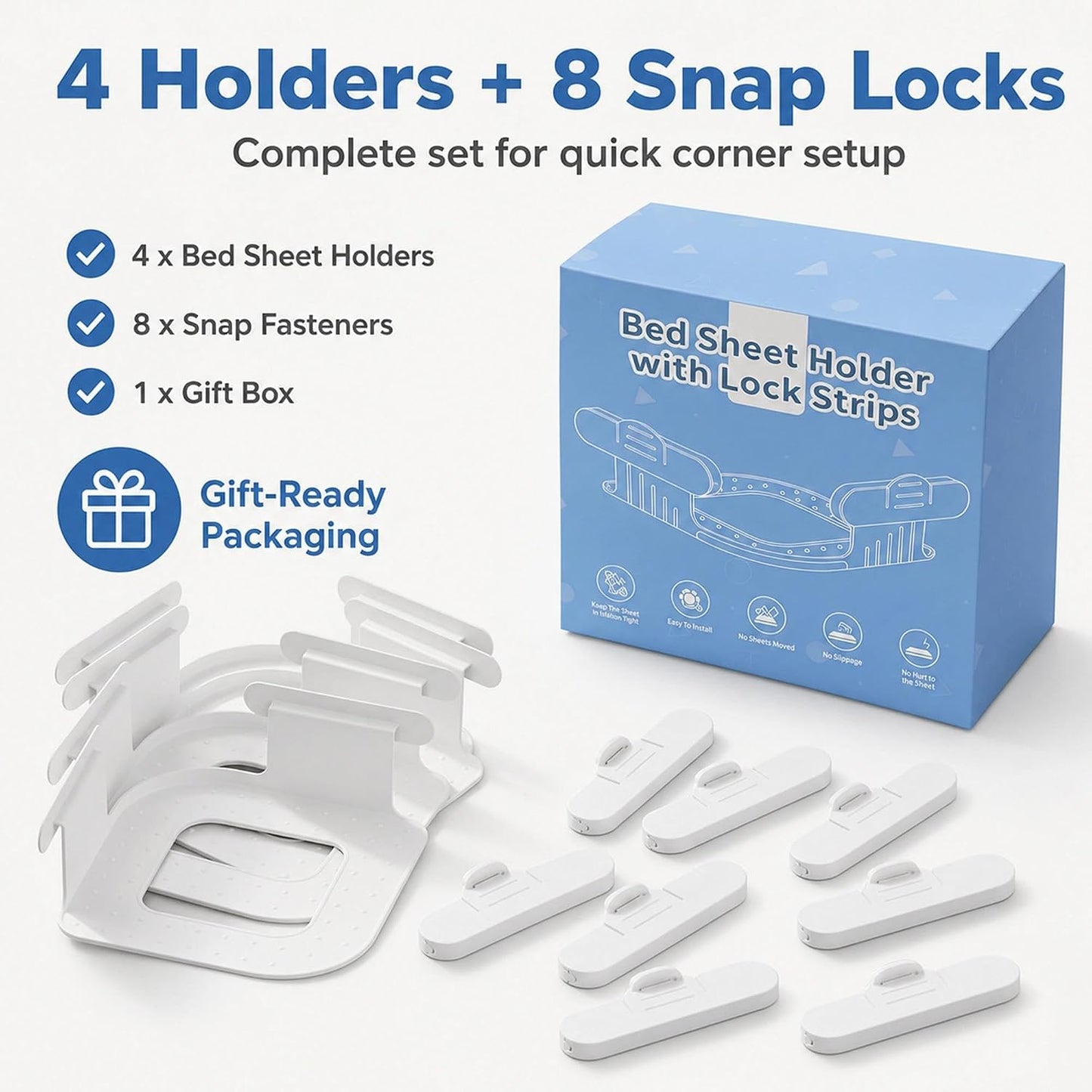 Bed Sheet Holders for Corners, 4 Pack Fitted Sheet Grippers with 8 Locks | 4 Holders + 8 Fasteners, Non-Slip Sheet Clips, Snap Lock Design,Easy Install, Universal For Home Hotel Kid Bed