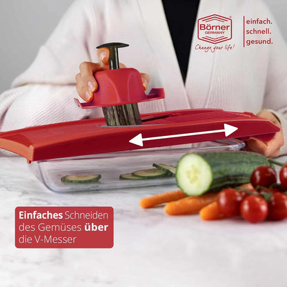 Börner Mandoline Slicer V1 (Basis Set) • V-Slicer with 2 Inserts & Fruit Holder • Adjustable Kitchen Slicer for Vegetables & Fruits • Vegetable Cutter • 3 Thickness Settings • Color: Red