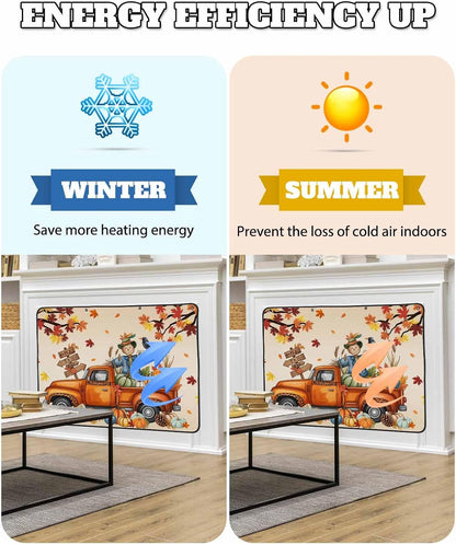 Happy Fall Magnetic Fireplace Cover, Fireplace Draft Blocker, Thanksgiving Truck Pumpkin Leaf Scarecrows Fireplaces Blanket for Heat Loss/Cold Air, Fireplaces Draft Stopper Cover for Inside 45''x34''