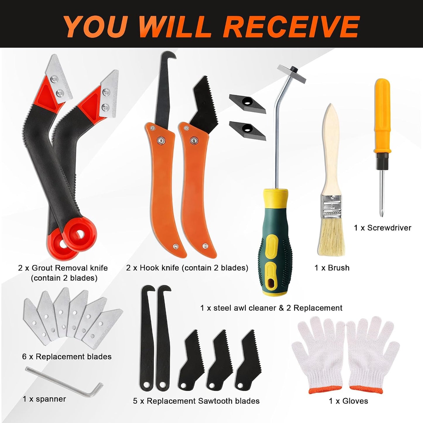 23 Pack Grout Removal Tool Kit, 2 Tile Grout Saws with 6 Extra Blades, 2 Hand Grout Saw with 5 Cleaning Sawtooth Blades, Hook Knife, for Bath Shower Floor Tile Grout Cleaning Caulk Remover