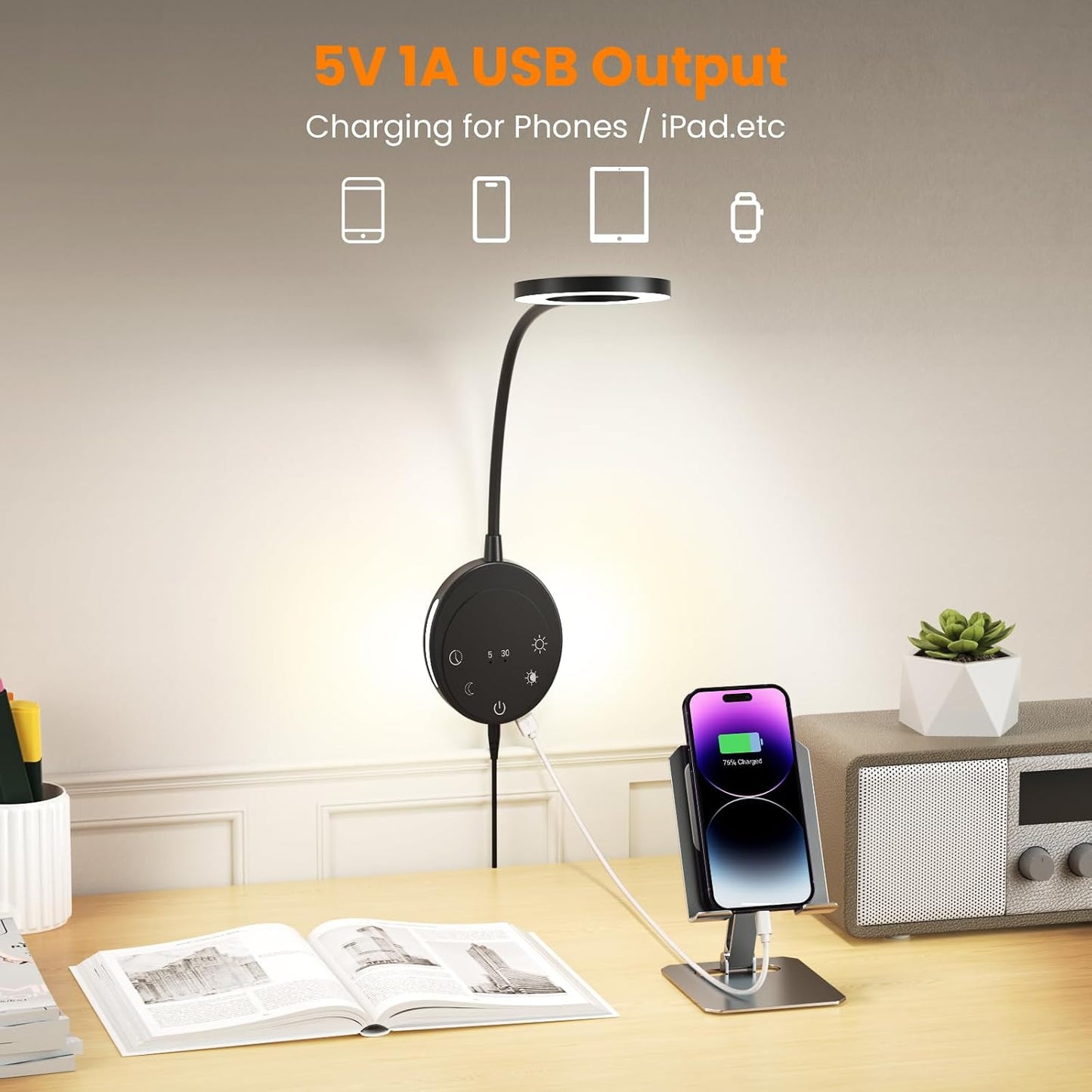 Wall Mounted Reading Light, Bedside Headboard Lights with 5 Color Temperature & 5 Dimming, 360 Flexible Gooseneck, USB Output, Night Light & Timer Function - Perfect for Reading (Black)