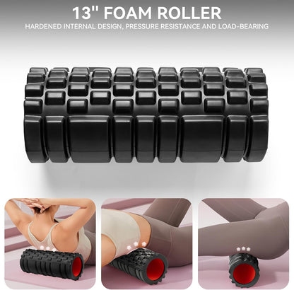 Krightlink 5-in-1 Foam Roller Set High Density Deep Tissue Muscle Massage | Muscle Recovery Kit Exercise Roller, Massage Ball, Resistance Band & Carry Bag for Physical Therapy & Pain Relief Black