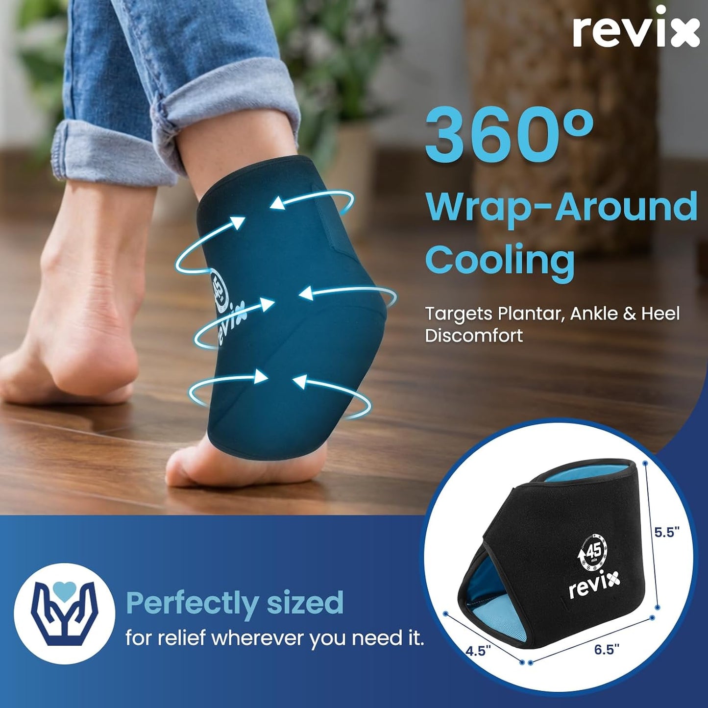 REVIX Ankle Ice Pack Wraps for Plantar Fasciitis Relief, 45-Min Coldness | Gel Cold Compress Wrap for Feet Pain Relief, Reusable Ice Pack for Foot with Ice Grid Design for Achilles Tendonitis, 2 Packs