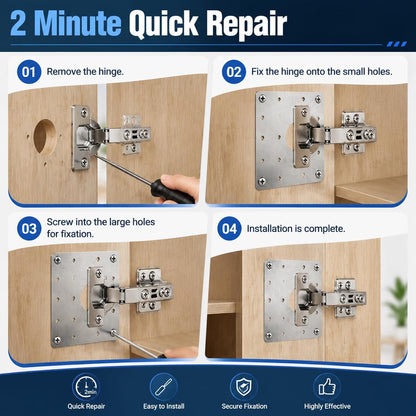 40 Cabinet Hinge Repair Plate Kit, Door Hinge Mounting Plate&Screws | Durable Stainless Steel Large Cabinet Fix Board for Kitchen Cabinet, Cupboard Doors and Furniture