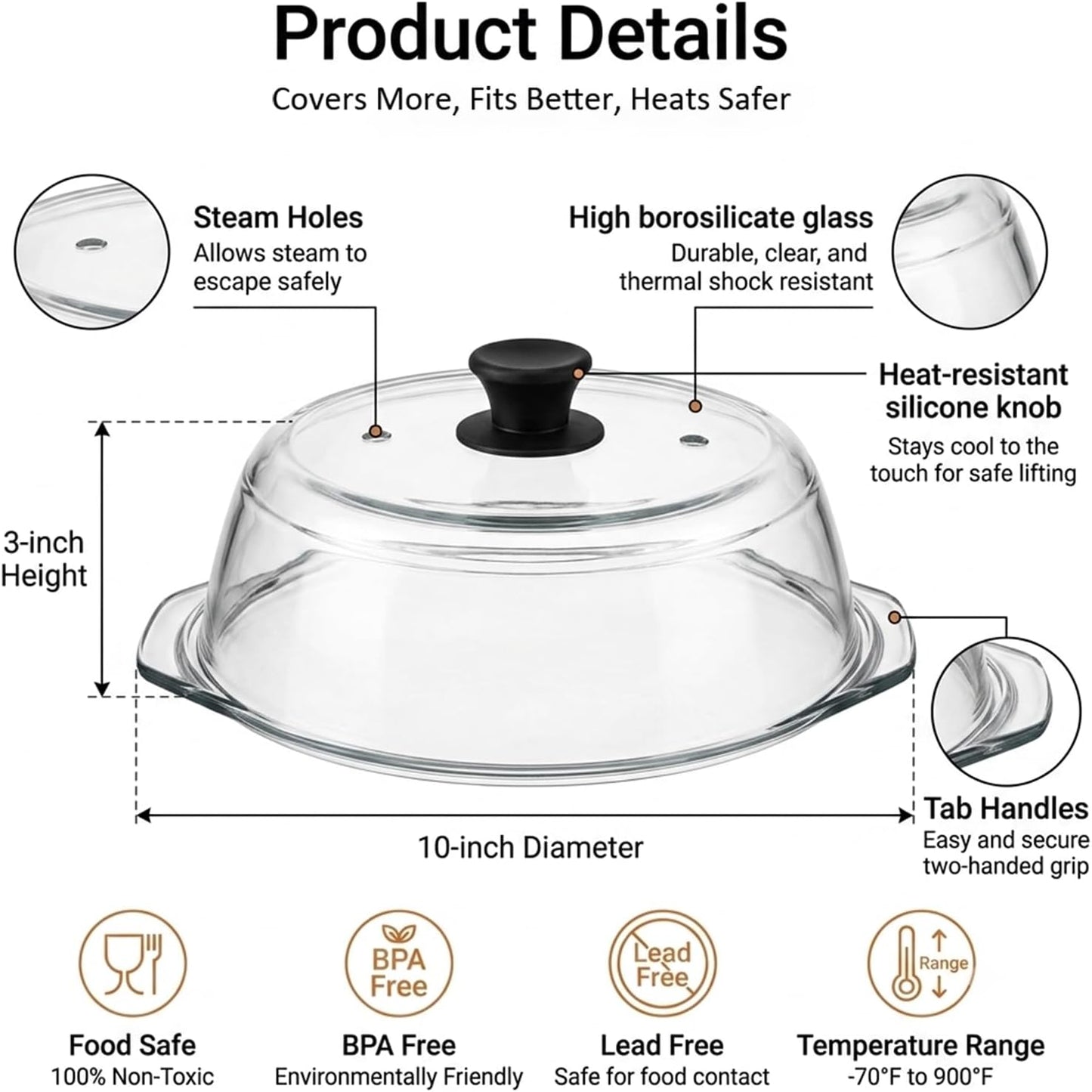 Glass Microwave Splatter Cover for Food,Plate Guard Lid with Ceramic Screw,Plate Splatter Guard Lid with Vent Holes & Easy-Grip Handle，BPA Free, Dishwasher Safe（10in ）