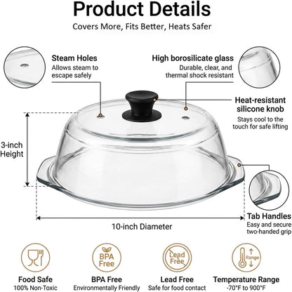 Glass Microwave Splatter Cover for Food,Plate Guard Lid with Ceramic Screw,Plate Splatter Guard Lid with Vent Holes & Easy-Grip Handle，BPA Free, Dishwasher Safe（10in ）