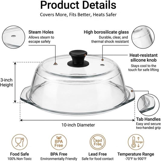 Glass Microwave Splatter Cover for Food,Plate Guard Lid with Ceramic Screw,Plate Splatter Guard Lid with Vent Holes & Easy-Grip Handle，BPA Free, Dishwasher Safe（10in ）