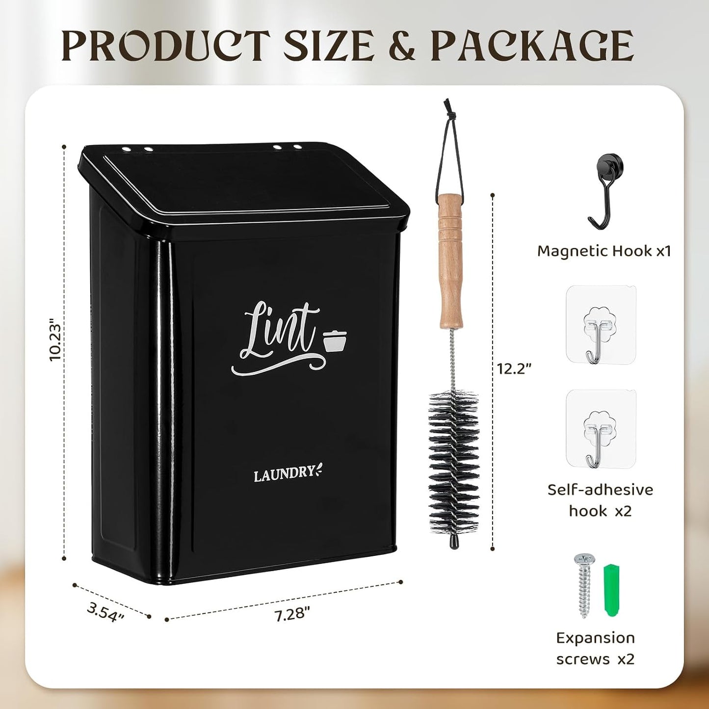 Magnetic Lint Bin for Laundry Room with Brush & Hook - Large Laundry Organizer and Storage, Wall Mounted Trash Can with Lid, Space-Saving Dryer Lint Holder Laundry Room Decor, Black